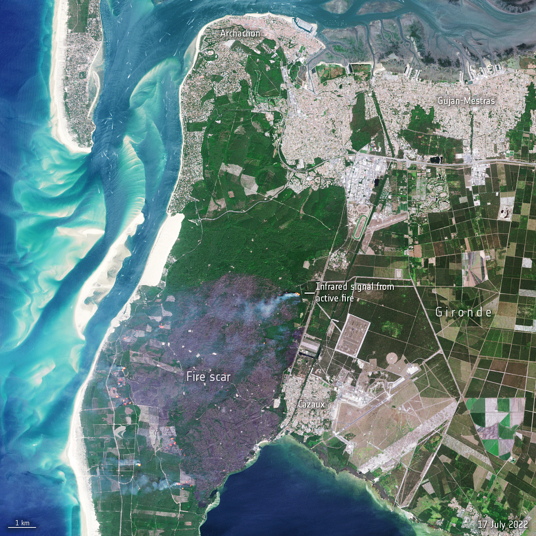 Le sud d'Arcachon, vu par un satellite Sentinel-2 les 12 et 17 juillet 2022 :