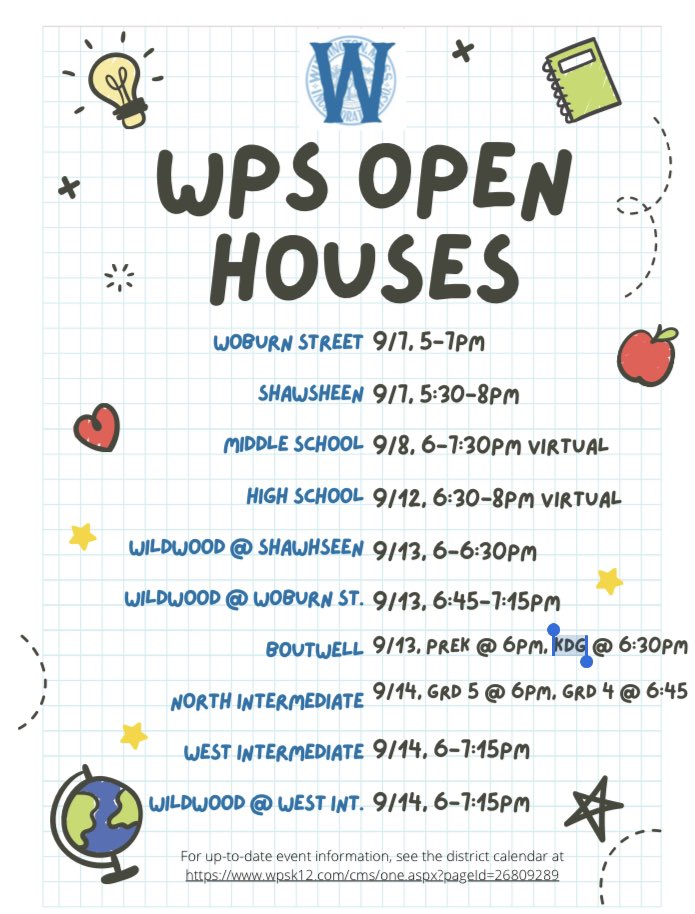 Save the date for open house.  Grade specific times will be shared closer to the start of turn school year