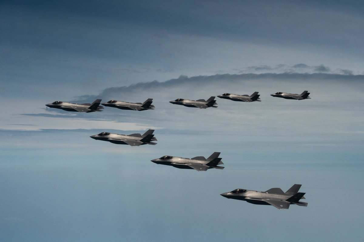 F-35s from @EielsonAirForce fly side by side with Republic of Korea Air Force F-35s during a bilateral exercise over the Yellow Sea, demonstrating commitment to the defense of South Korea. #AlliesandPartners #FreeandOpenIndoPacific #f35lightning