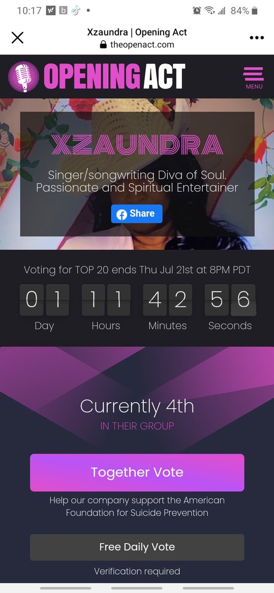 CharlesNorfleet's tweet photo. Today is the final day to vote for Opening Act 2022 competition round 1! Thanks to you all! Wifey is currently in 4th place
Please go to:
https://t.co/fttS04HWBg
Let's get her into FIRST place!!
Thanks again🎶 #xzaundra #openingact #Hollywoodbowl #audicy https://t.co/ts3hdtF86G