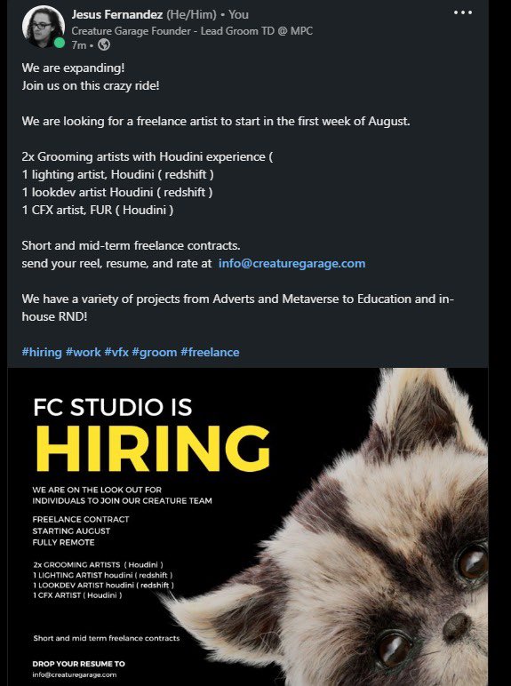 Jesusfc14's tweet photo. FCSTUDIO is hiring!
2x Grooming artists with Houdini experience
1 lighting artist, Houdini ( redshift ) 
1 lookdev artist Houdini ( redshift ) 
1 CFX artist, FUR ( Houdini )
Short and mid-term freelance contracts
send your reel, resume, and rate at  info@creaturegarage.com
 #vfx https://t.co/6FheWivgzi