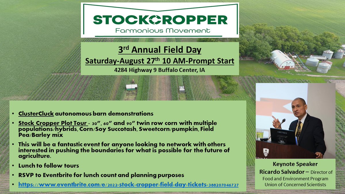 zebulousprime's tweet photo. OFFICIAL ANNOUNCEMENT OF STOCK CROPPER 2022 FIELD DAY.  SATURDAY, AUGUST 27TH, 10 AM.  BUFFALO CENTER, IA.  Keynote address from Dr. Ricardo Salvador @cadwego.  RSVP https://t.co/xDxfyIhTK9 for lunch count.  More details on upcoming Youtube video.  Retweets 🙏. See you there! https://t.co/bfXAOeTS92