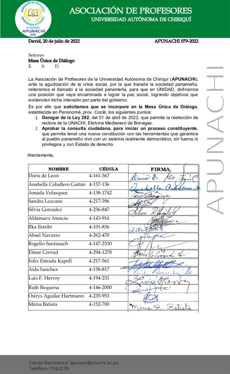 LibertadUnachi's tweet photo. La Asociación de profesores de la UNACHI, envía un mensaje alto y claro a toda la sociedad panameña. En la UNACHI, respaldamos la decisión planteada por la Cámara de Comercio e Industria de Panamá @AlvaroAlvaradoC @NitoCortizo @MiguelABernalV @JoseEscobarS @hildesucre @prensacom https://t.co/14UdR4XzDo