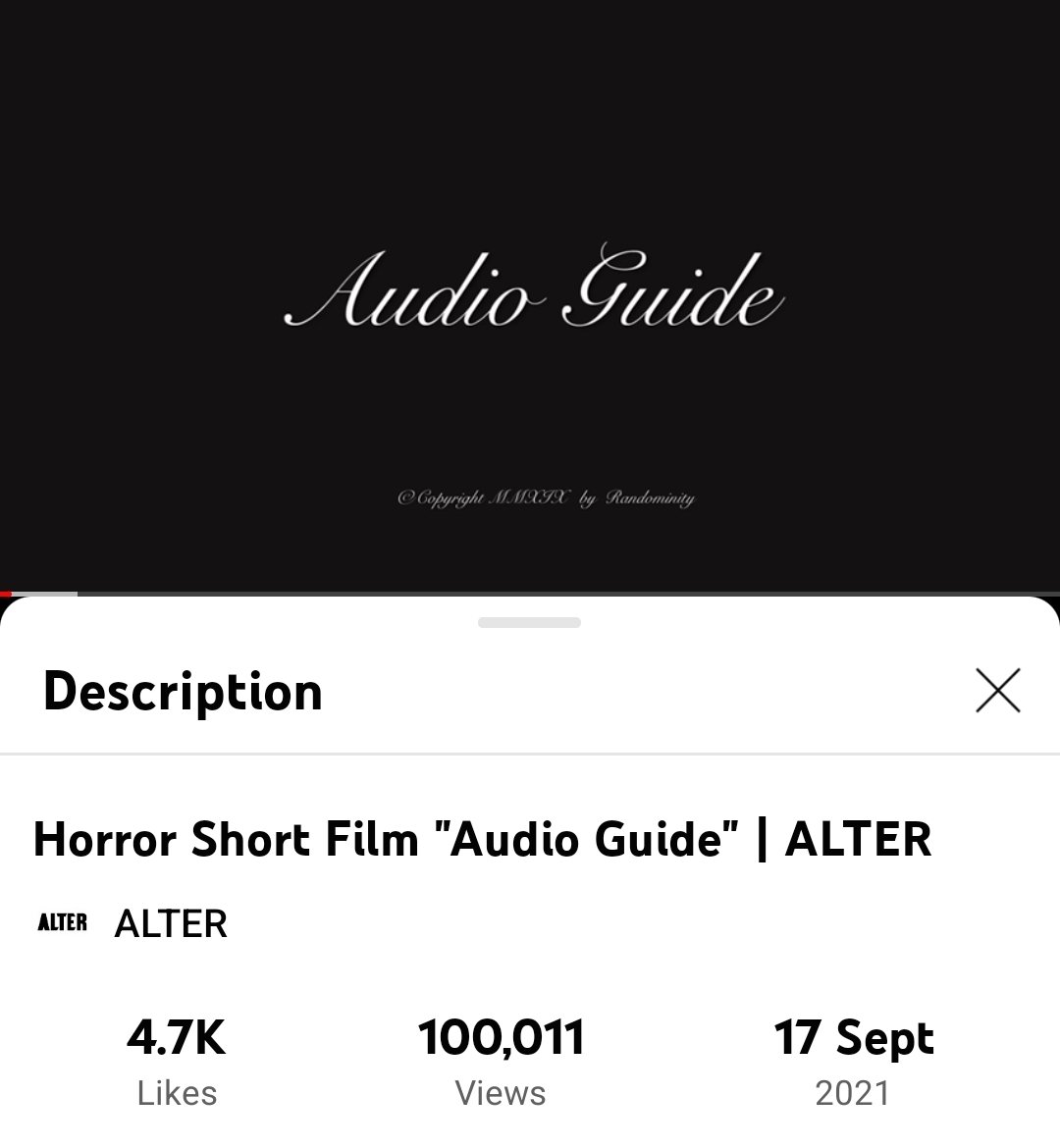 So uh, AUDIO GUIDE just hit 100,000+ views on YouTube/Alter. I know I haven't shut up about this thing for nearly 3 years but I never, EVER imagined something I'd make ever reaching this many people

Thank you so fucking much to everyone who's watched the film &amp; supported it.