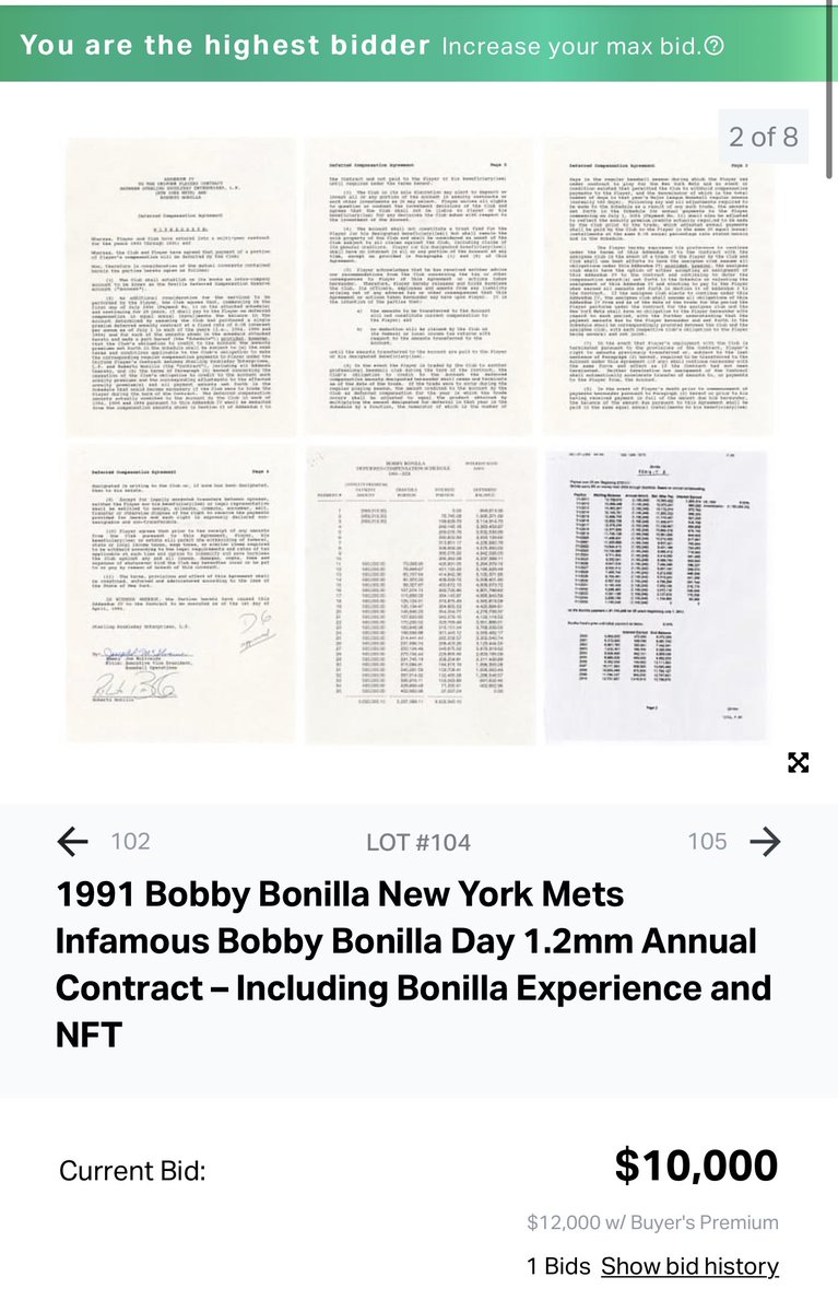 The first bid has been placed at <a href="/GoldinCo/">Goldin</a> to buy the actual contract that stipulated Bobby Bonilla’s deferred payments from the Mets. 

I am now the high bidder.