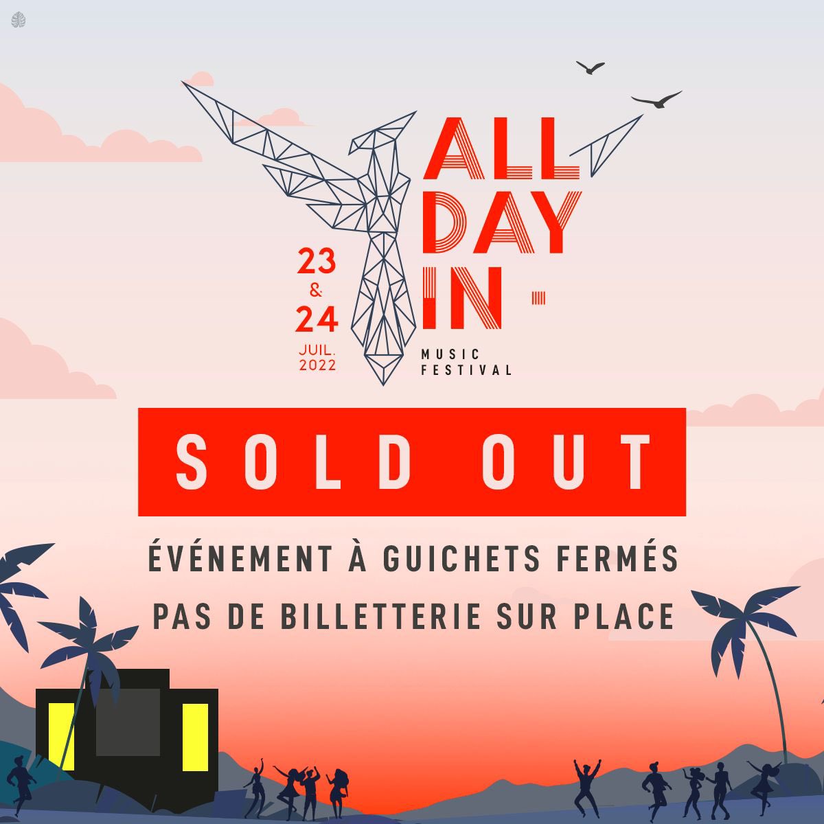 #SOLDOUT Notre billetterie sera définitivement clôturée dans… 20 minutes ! 🔥

ℹ️ Événement à guichets fermés
Pas de billetterie sur place ! 

Merci à tous et rendez-vous ce week-end #ADI22 💛 

IT’S ALL ABOUT LOVE