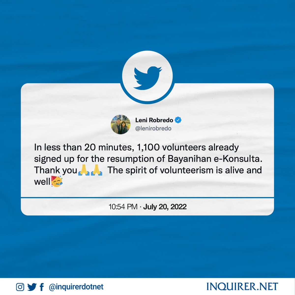 inquirerdotnet's tweet photo. ‘THE SPIRIT OF VOLUNTEERISM IS ALIVE AND WELL’

LOOK: Within 20 minutes after posting her announcement that she will reopen the telemedicine program, Bayanihan e-Konsulta, former Vice President Leni Robredo noted that there were already 1,100 volunteer sign-ups. https://t.co/y22RqLJid3
