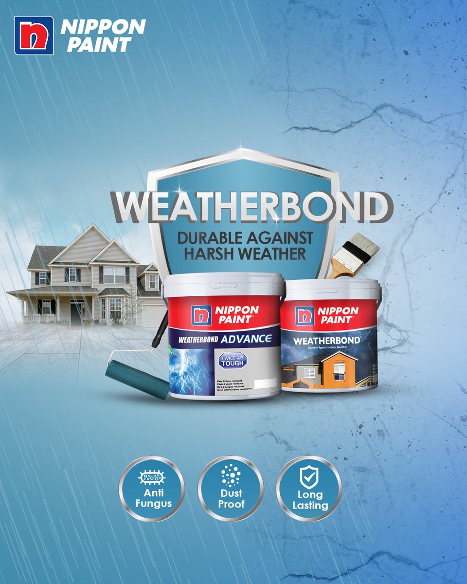 nipponpaintpak's tweet photo. Love the rainy season but hate the damage they do to your home’s exterior paint? Make Nippon Weatherbond and Weatherbond Advance your first choice for longer-lasting colours and protection during all seasons.

Shop Now: https://t.co/Q3coUukeAs

#NipponPaint #Weatherbond https://t.co/jXt63XSa2k