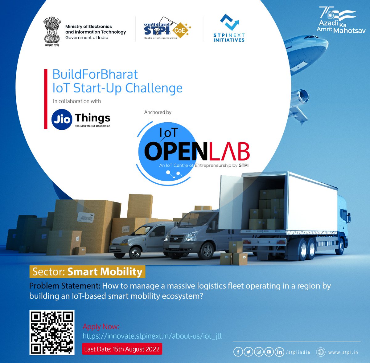 Join #BuildForBharat #IoTStartUpChallenge to develop an IoT-based smart mobility soln. for managing larger logistic fleet operations by leveraging the power of @STPI_IoTOpenLab. Apply: innovate.stpinext.in/about-us/iot_j… #STPICoES #STPIINDIA @GoI_MeitY @MSH_MeitY @startupindia @reliancejio