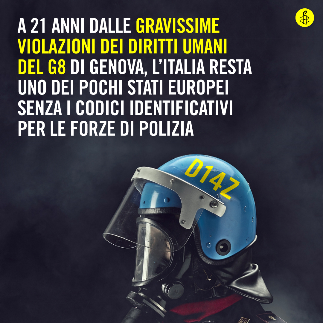 amnestyitalia's tweet photo. Il #21luglio ricorre l'anniversario delle brutali violenze alla scuola Diaz durante il G8 di Genova. Dopo 21 anni da quelle gravissime violazioni dei diritti umani, l’Italia è rimasta uno dei pochi stati dell'Ue senza una legge sui codici identificativi per le forze di polizia https://t.co/YGAvblflbk