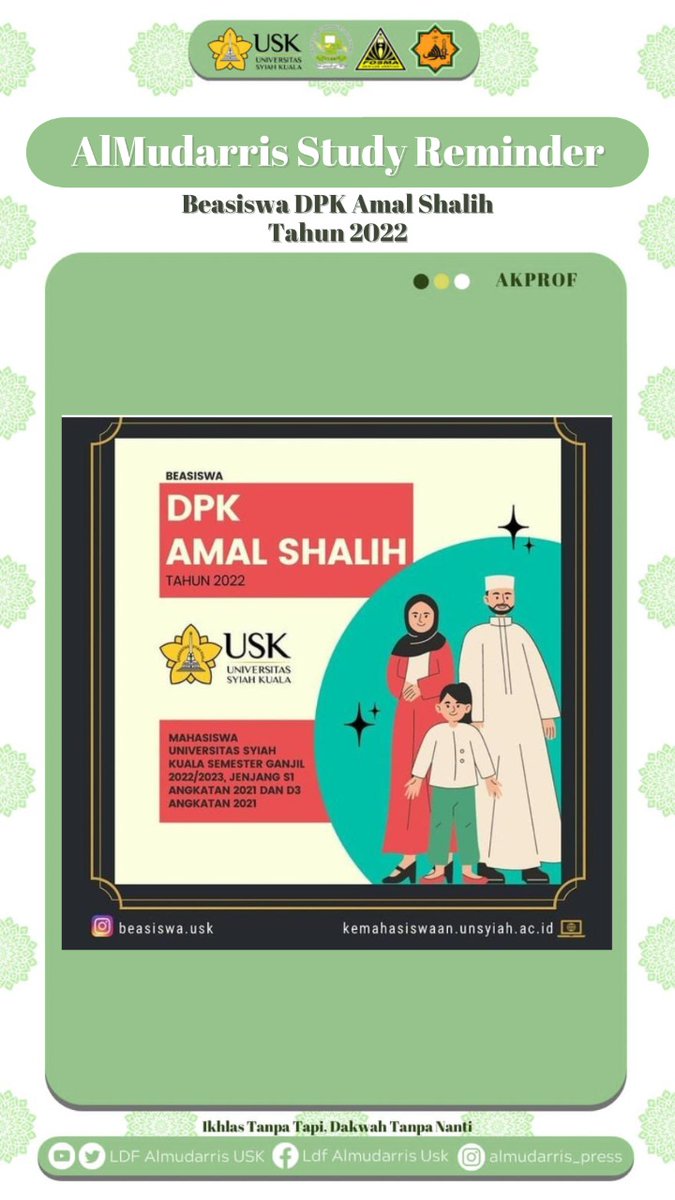 🏫[BEASISWA DPK AMAL SHALIH]🏫

Lagi nyari-nyari info beasiswa? Pas banget nih, lagi ada beasiswa DPK Amal Shalih Tahun 2022. Pengen tau lebih lanjut?

Selengkapnya di kemahasiswaan.unsyiah.ac.id

#AlmudarriFKIPUSK
#LDFAlmudarris
#AlmudarrisReminder
#BEASISWADPKAMALSHALIH