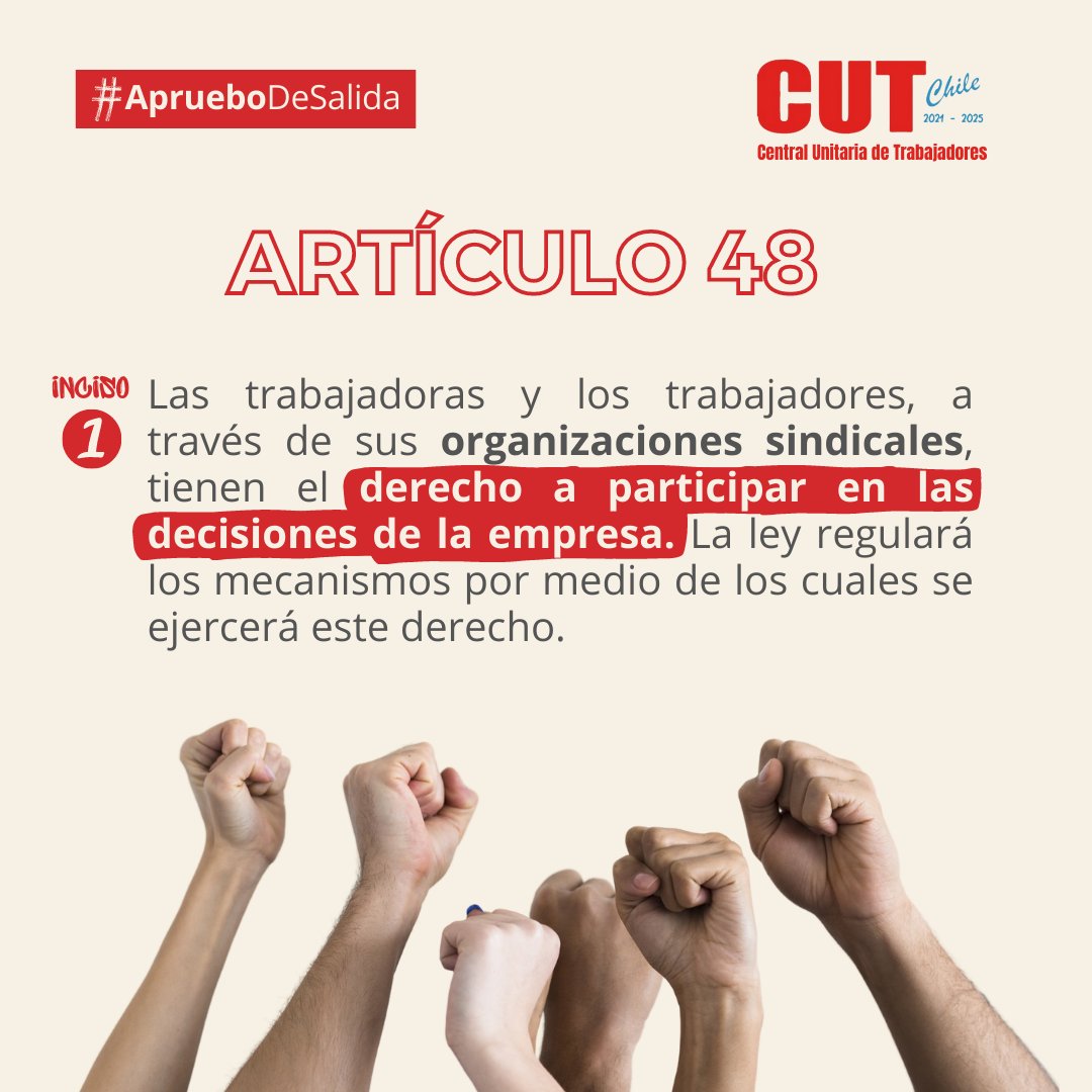 Cutchile's tweet photo. #Comando4S | De aprobarse la nueva Constitución, las trabajadoras y trabajadores, a través de sus organizaciones sindicales, tendrán derecho a participar en las decisiones de la empresa 👊
#AprueboDeSalida 🇨🇱 https://t.co/oOjij20HRy