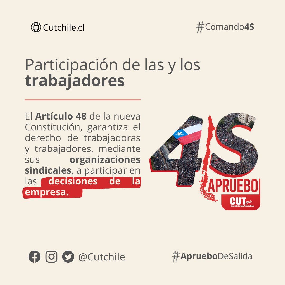 Cutchile's tweet photo. #Comando4S | De aprobarse la nueva Constitución, las trabajadoras y trabajadores, a través de sus organizaciones sindicales, tendrán derecho a participar en las decisiones de la empresa 👊
#AprueboDeSalida 🇨🇱 https://t.co/oOjij20HRy