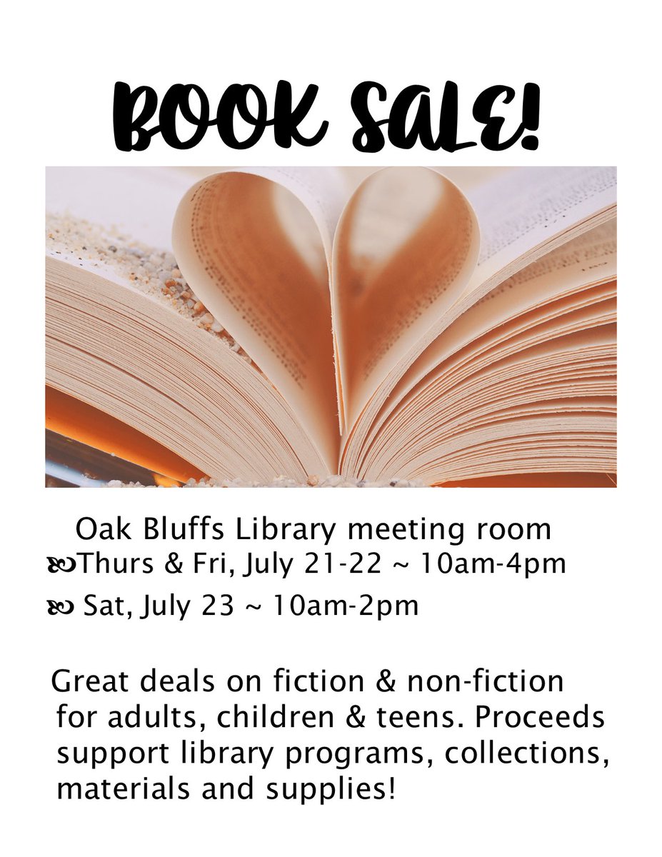 So many books in search of a good home. Adult fiction &amp; nonfiction are in the Town Hall meeting room. Hardcover books are $3 or 2 for $5, softcover are $1. Oversized &amp; coffee table books as marked.