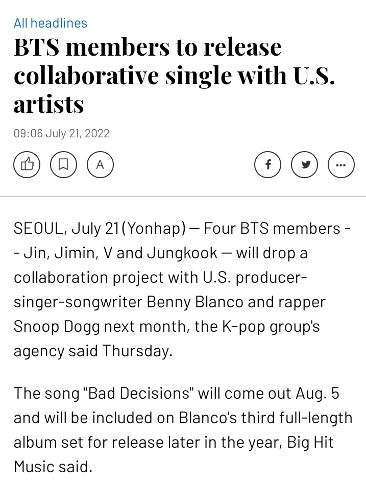 BTSquadInfo's tweet photo. [INFO]📰

¡Comunicado de BigHit sobre la próxima colaboración de BTS en 'Bad Decisions'!

"La colaboración se dio porque Blanco la ofreció. Los cuatro miembros, mostrarán un lado nuevo de ellos, y sus habilidades vocales únicas a través de este proyecto especial". https://t.co/R7Fhd6T5ZD