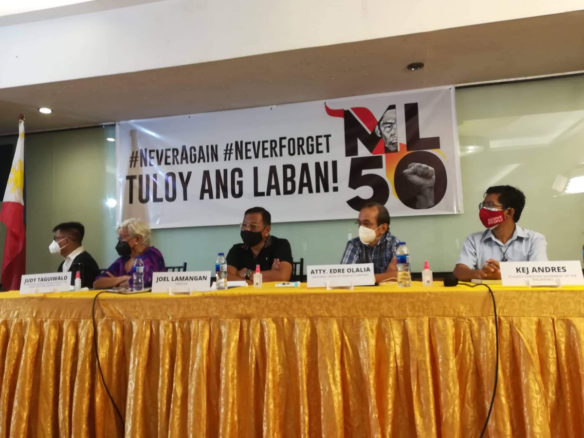 CARMMAPH's tweet photo. July 21, QC Sports Club: Launching of ML50, two-month series of events to mark the declaration of martial law that ushered in the Marcos dictatorship 50 years ago. #NeverAgain #NeverForget https://t.co/XSzWvCFO6a