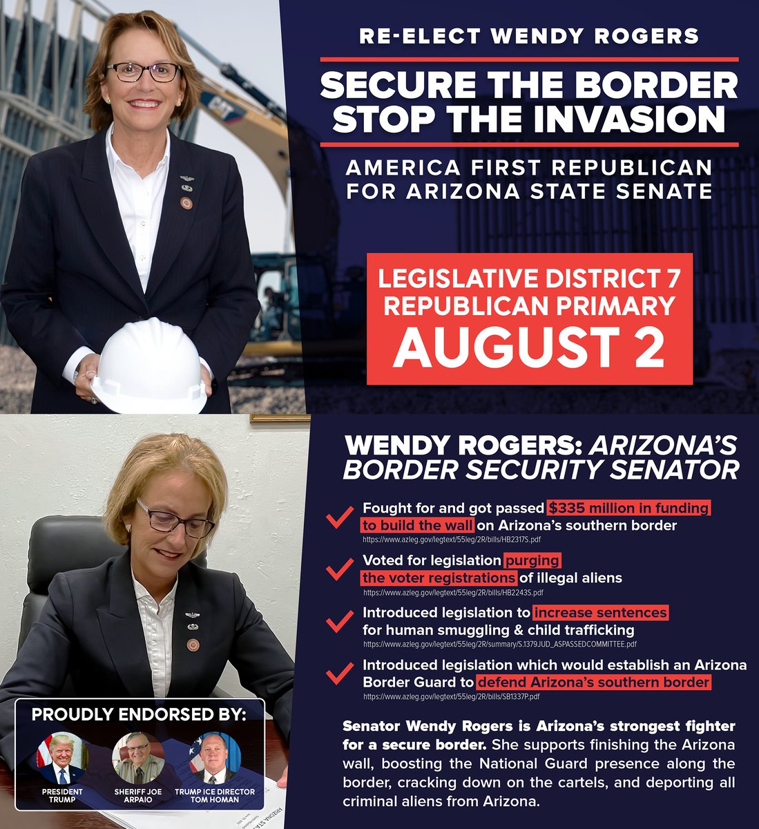 WendyRogersAZ's tweet photo. My border security mailer should be hitting homes soon. I worked to fund the Arizona Border Wall with $335 million. I am going to crush border security - especially with @KariLake and @AbrahamHamadeh in office. We will lock the border down stat. https://t.co/PualPl5CXa