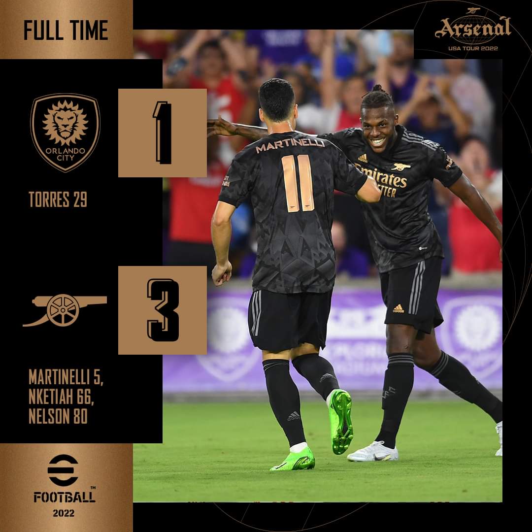 FanaticsStreet's tweet photo. After a lengthy delay due to bad weather, Arsenal hit hosts Orlando City SC 3 - 1 with Eddie Nketiah bagging man of the match award.
#ORLARS #PreSeasonFriendly #streetfootballfanatics https://t.co/1kf5mxX9hI