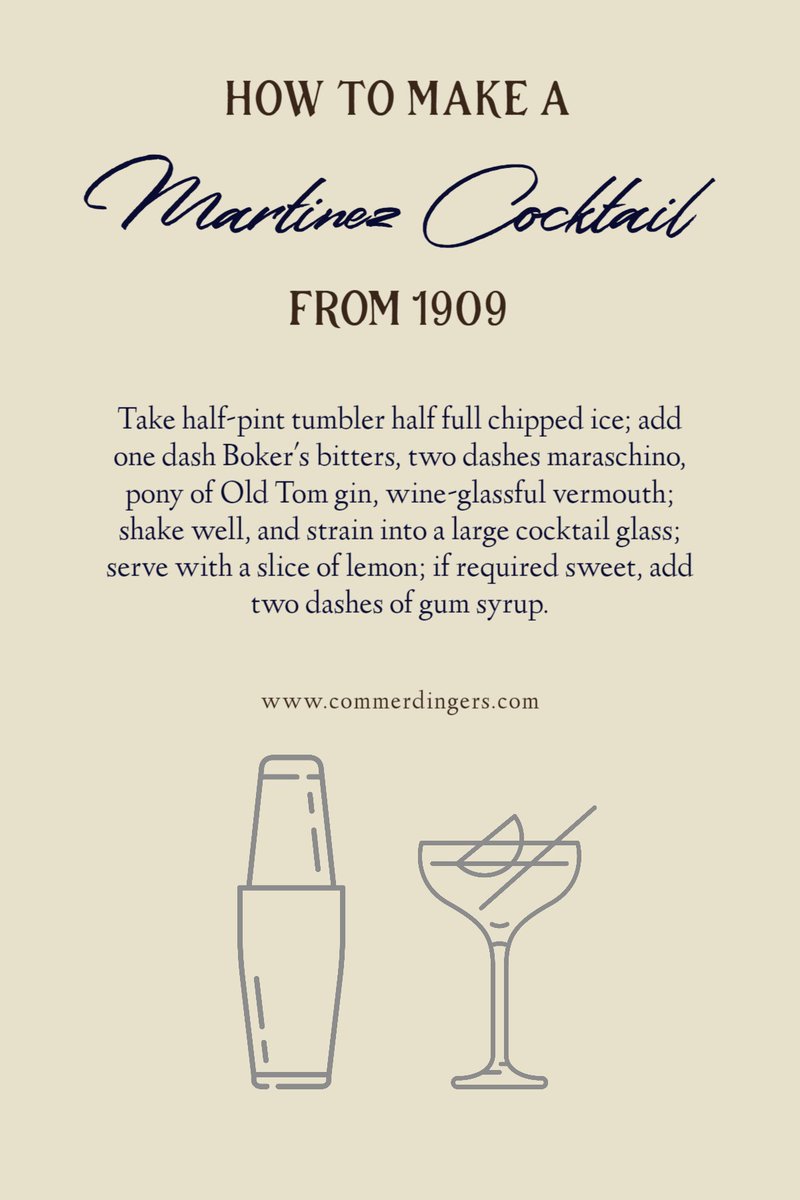 commerdingers's tweet photo. #MartinezCocktail
Take half-pint tumbler half full chipped ice; add one dash #BokersBitters, two dashes #maraschino, pony of #OldTomGin, wine-glassful #vermouth; shake well, and strain into a large #cocktail glass; serve with a slice of lemon; if sweet add two dashes of #gumsyrup https://t.co/1CtnK2okit