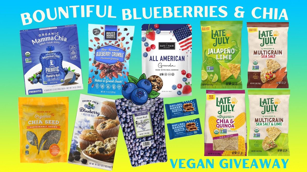 VeganShowOff's tweet photo. A berry good choice for plant-based eating! ✅ This week’s giveaway box features blueberry granolas, blueberry fig bars, blueberry muffin mix, organic chia seeds, and a variety of tortilla chips. https://t.co/DtjOCzhLt8 #veganshowoff #vegan #giveaway #plantbased #govegan https://t.co/WF3XaooFwh