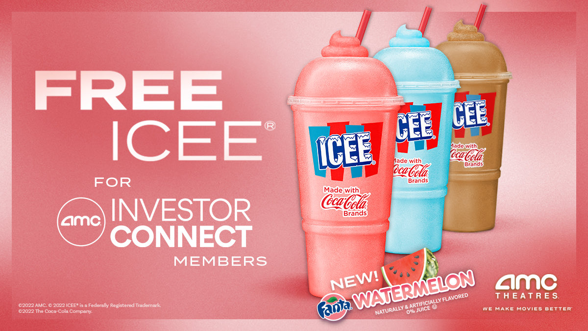 CEOAdam's tweet photo. It is hot all over the United States. So, for our U.S. members of AMC Investor Connect, cool off with a FREE 32 OUNCE ICEE with our compliments. For current AMC Investor Connect members, and those who join by 9/30/22. This free ICEE redeemable for moviegoers through Oct 31, 2022. https://t.co/YYafZrm1TU