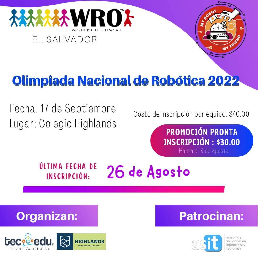 Tec_EduSV's tweet photo. El nuevo desafío de robótica está listo para que puedas demostrar todos tus conocimientos 

Participa en la Olimpiada Nacional de Robótica 2022 de El Salvador - @WROElSalvador 

🤖Conoce los retos e inscríbete en https://t.co/yawIpL8hLj https://t.co/nQbHYMpH1I