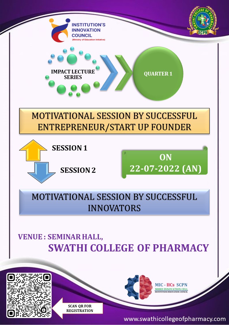 academicsswathi's tweet image. SWATHI COLLEGE OF PHARMACY WAS ABOUT TO ORGANIZE IMPACT LECTURE SERIES - QUARTER 1 UNDER INSTITUTIONS INNOVATION COUNCIL (IIC) ON 22-07-2022
#swathicollegeofpharmacy, #InstitutionInnovationCouncil, #impactlecture,#SCPN