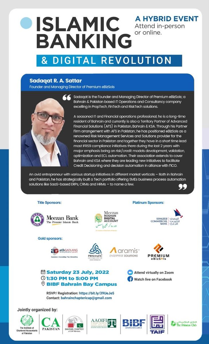 icapofficial's tweet photo. Meet Mr. Sadaqat Sattar, our Gold sponsor from Premium eBusiness Solutions. 

For Registration:
https://t.co/IaPqUpqEZZ
Further Details:
https://t.co/Jk8qhfb2uy
#ICAP #IslamicBanking #bahrain #roshandigitalaccount #khcb #meezanbank #athgadlang #aramis #prismatic #premiumebizsols https://t.co/0cAImzj4WP