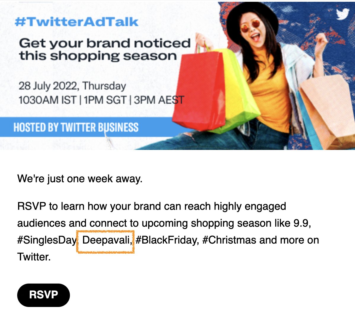 smmwatch's tweet photo. Height of hatred for Deepawali that no hashtag for it. The rest of the seasons have hashtags.
This is in the email #twitteradtalk is sending out for one of their talks for twitter business.
#HateTwitter
#TwitterBias
#TwitterTrash https://t.co/W6ovOFooE1