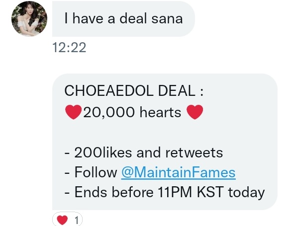 TDOONGPOLLS's tweet photo. 💗CHOEAEDOL DEAL FOR #TWICE ‼️

❤️20,000 hearts❤️

- 200likes and retweets
- Follow @MaintainFames
- Ends before 11PM KST today https://t.co/Gu8NVc8RwB
