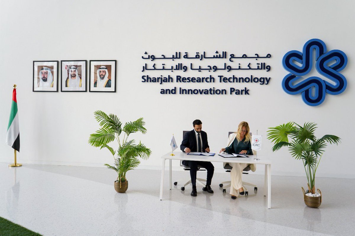 cdaltonICRC's tweet photo. Delighted to sign MoU with @srtipark to establish @ICRC Energy &amp; Water Knowledge Hub in #UAE

This #partnership will enable best practices in #RenewableEnergy solutions &amp; new #tech to address #ClimateChange &amp; protect the environment in humanitarian settings 

#Sharjah #Innovation https://t.co/6AggT53V7v