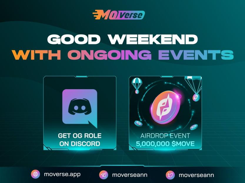 👋 Good weekends to all Movers!

Let’s remind the two ongoing events that we are running now 👇

🔥 OG role on Discord
🔥 5,000,000 $MOVE Airdrop

Enjoy your weekends but do not forget to complete the daily tasks and earn entries!

#Moverse #Move2Earn #BSC
