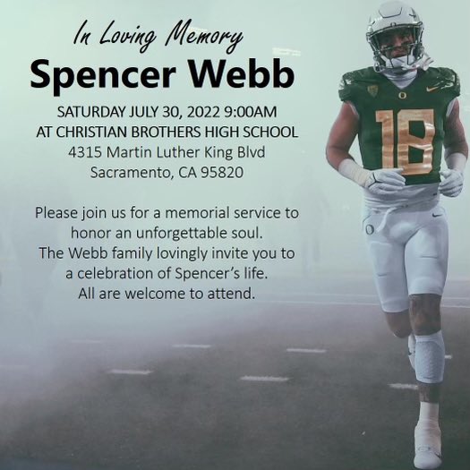 CoachScottRob's tweet photo. Saturday July 30th Please join us for a memorial service to honor an unforgettable soul.
The Webb family lovingly invite you to
a celebration of Spencer's life.
All are welcome to attend. #GoDucks 🕷🕸🙏🏼💛💚 https://t.co/x0sPgLjOlT