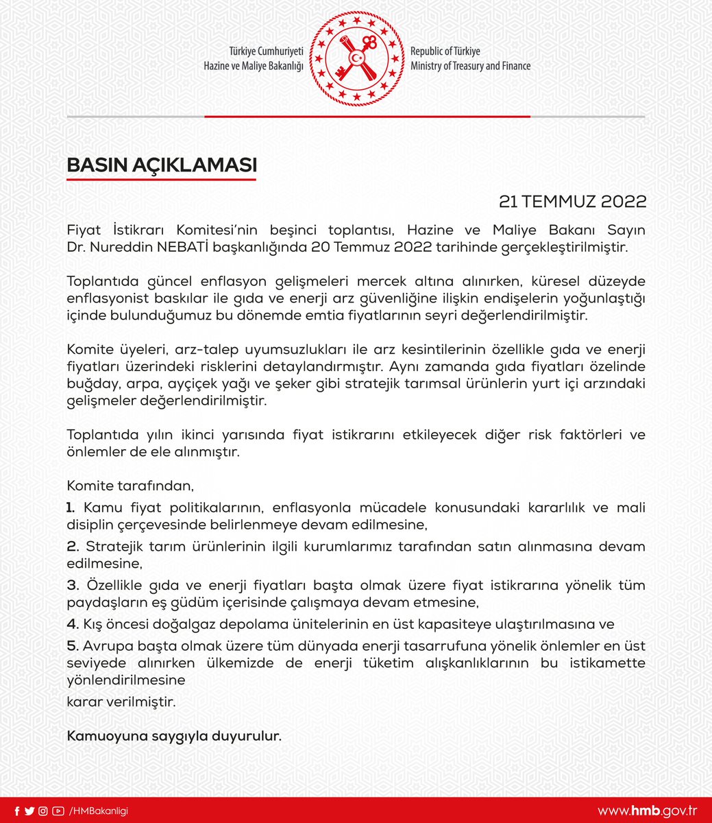 Fiyat İstikrarı Komitesi'nin beşinci toplantısına ilişkin basın açıklaması (21.07.2022)