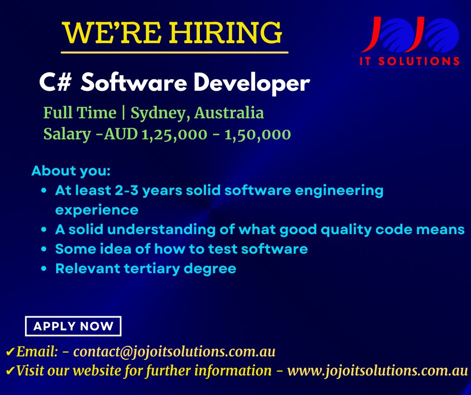 #jobrecruitment #openings #future #careers  #hiring #jobsearch #jobseekers #jobsinaustralia  #recruiting #jobs  #jobopening #vacancies #studentopportunities #technology  #tech #australia #csharpdeveloper #softwaredevelopers #developerjobs #sydney #developer #job