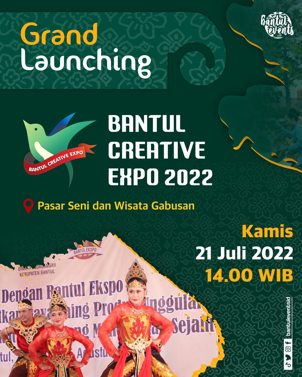 bantuleventsid's tweet photo. Saksikan Launching dengan nama baru yaitu Bantul Creative Expo 2022
Yuk datang dan berbelanja! Acara ini akan berlangsung selama sebulan dari tanggal 21 Juli hingga 21 Agustus 2022
#BantulCreativeExpo2022 #BantulEvents #VisitBantul https://t.co/OUfSORNscW
