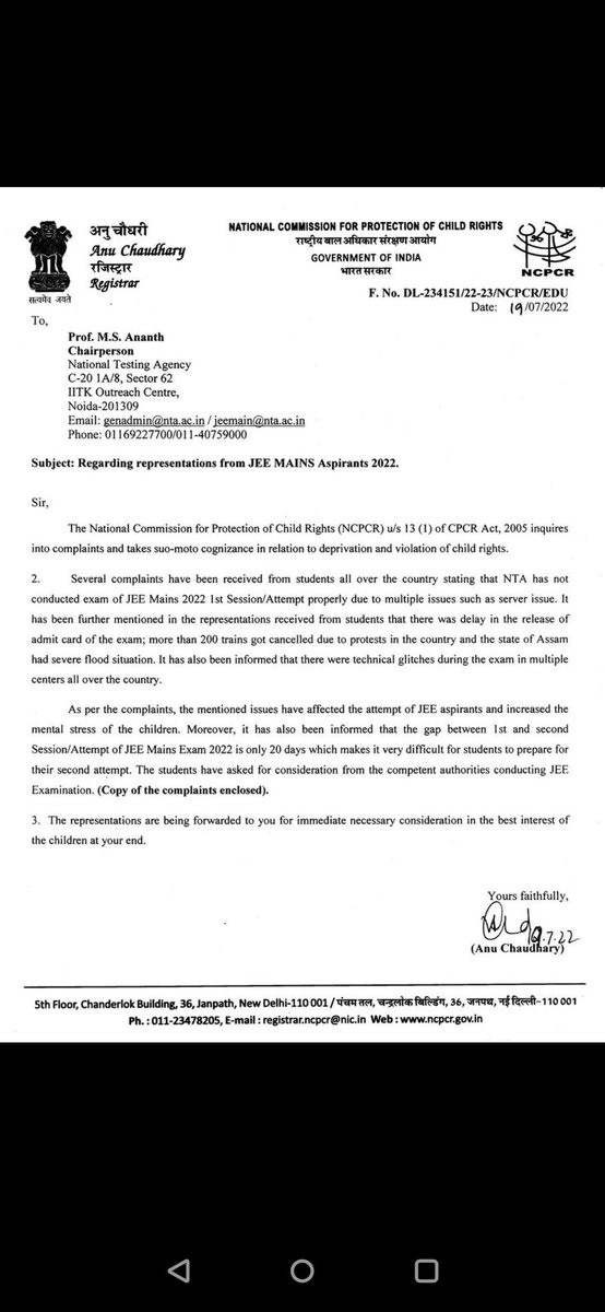 anubha1812's tweet photo. @NCPCR_ has also taken cognizance of #JEE students matter https://t.co/coFVvfgp6n