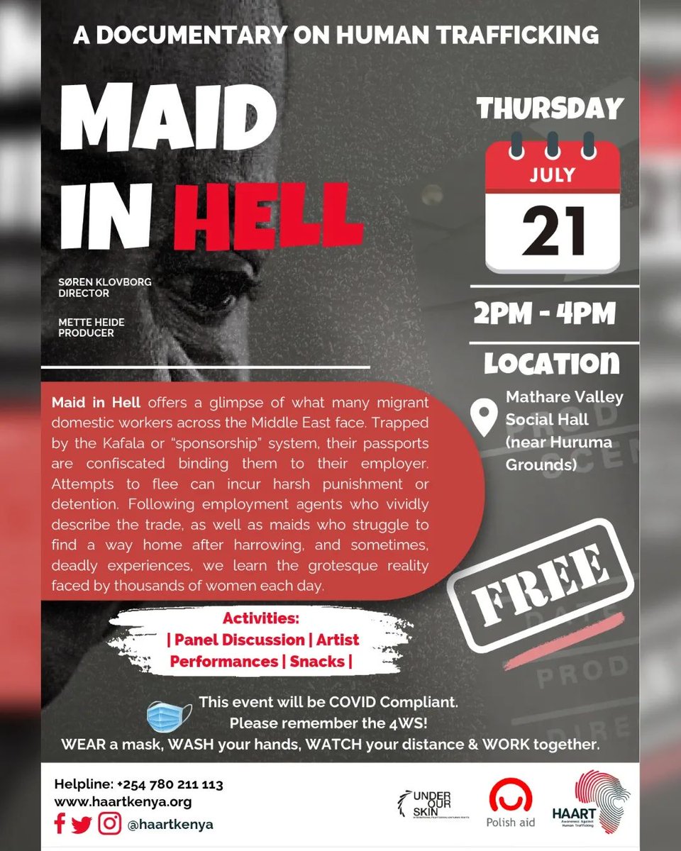 HAARTKenya's tweet photo. It's happening TODAY! Join us at Mathare Valley Social Hall as we screen #MaidInHell, a documentary on Human Trafficking (HT). @Under_OurSkin
#TakeActionAgainstHT
#EndHumanTrafficking https://t.co/jONBNQ0ic5