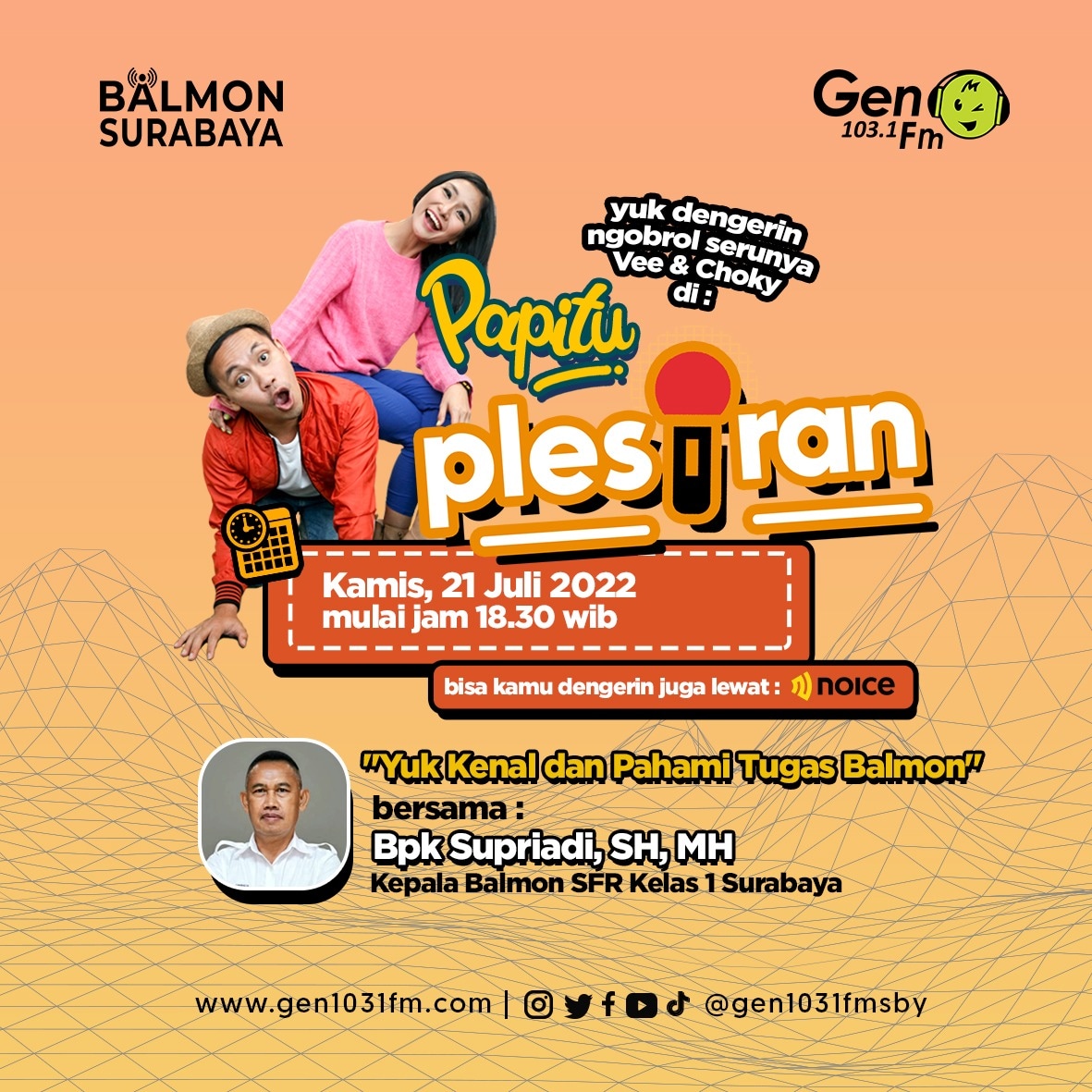 gen1031fmsby's tweet photo. sobat GEN, uda tau belum, apa itu Balmon? Trus tugasnya apa aja sih?
Yuk cari taunya bareng @vinnachristie @Chokyyy ntar malem di #GenPapituPlesiran Balmon Surabaya
Catet ya, mulai jam 18.30 WIB 😘
#gen1031fmsby
#GenPapitu
#balmonsurabaya
#balmon https://t.co/DR87OxHAY7