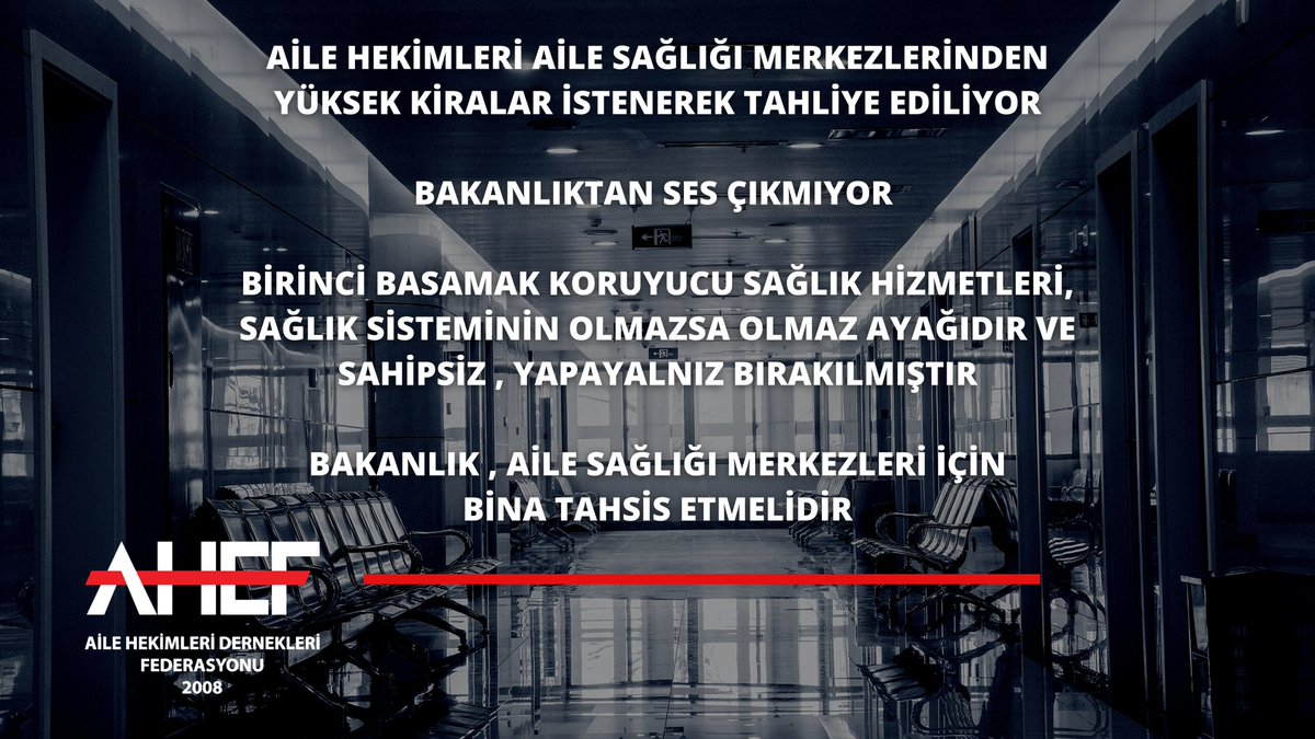 Aile Hekimleri Aile Sağlığı Merkezlerinden yüksek kiralar istenerek tahliye ediliyor
Bakanlık hiçbir şey yapmıyor, görmüyor, duymuyor

Birinci basamak olarak yok sayıldık, unutulduk

Kısacası #Terkedildik

<a href="/drfahrettinkoca/">Dr. Fahrettin Koca</a> <a href="/halksagligigm/">Halk Sağlığı Genel Müdürlüğü</a> <a href="/saglikbakanligi/">T.C. Sağlık Bakanlığı</a>
