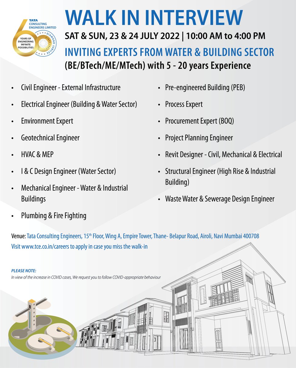 TCEConnect's tweet photo. Tata Consulting Engineers Limited is #hiring #experts from the #water and #building sector. Participate in the walk-in drive and be a part of our #team
#civilengineer #externalinfrastructure #electricalengineer #Environment #Expert #geotechnicalengineer #hvac #mep https://t.co/Uqki2FirG1