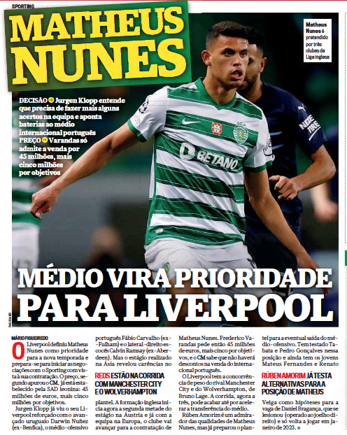 Sport_Witness's tweet photo. Matheus Nunes | Liverpool set midfielder as ‘priority’ reports today's Correio da Manha  – Reds ‘prepare to start negotiations’ for signing. 

https://t.co/LeLT3AWO1P #lfc https://t.co/lVbUU4EA5u