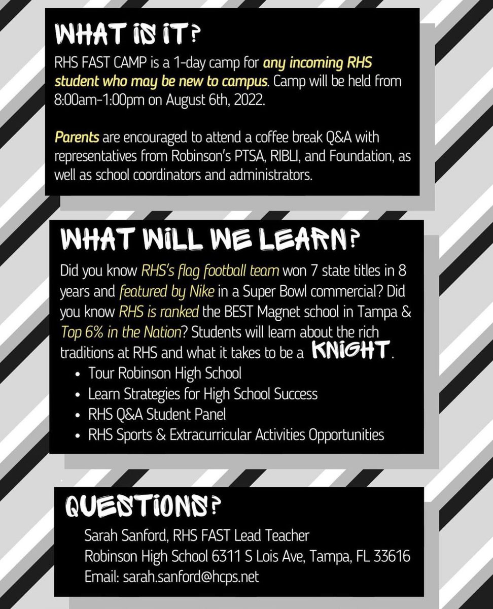 📣🚨New Knights 🚨📣
We will be conducting a FAST camp on August 6th to introduce 9th graders to what life is like as a Knight! Sign up ASAP. 

⚫️⚔️⚪️
#classof2026 #welcometohighschool #knightlife