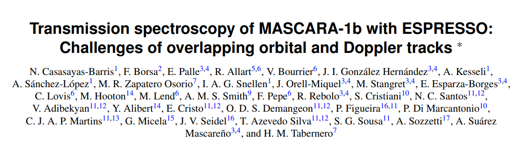 espresso_astro's tweet photo. This account has been silent, but the ESPRESSO team hasn't! On the past months we've published some results that might be of your interest. Let's start with the transmission spectroscopy of MASCARA-1b, showcasing what happens when the planet path overlaps with the doppler shadow https://t.co/pC9n9E4FoW