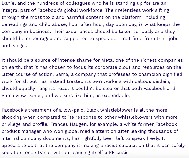 billyperrigo's tweet photo. New: over 80 human rights groups and leaders including @shoshanazuboff, @FrancesHaugen and @doctorow have called on Facebook and Sama to drop their attempt to silence whistleblower Daniel Motaung.
Full report: https://t.co/5RAta0wnYR
The open letter: https://t.co/TnPCtjo8gR