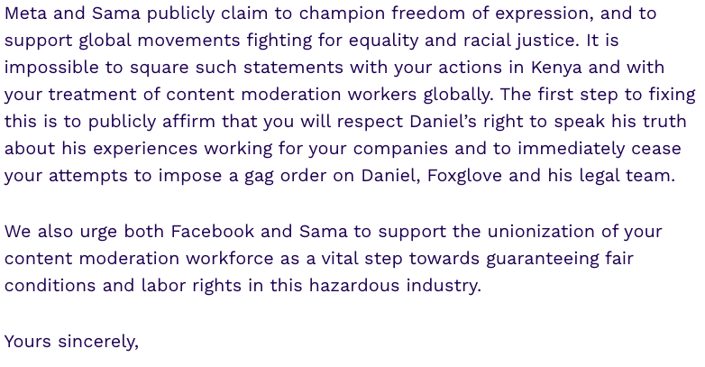 billyperrigo's tweet photo. New: over 80 human rights groups and leaders including @shoshanazuboff, @FrancesHaugen and @doctorow have called on Facebook and Sama to drop their attempt to silence whistleblower Daniel Motaung.
Full report: https://t.co/5RAta0wnYR
The open letter: https://t.co/TnPCtjo8gR