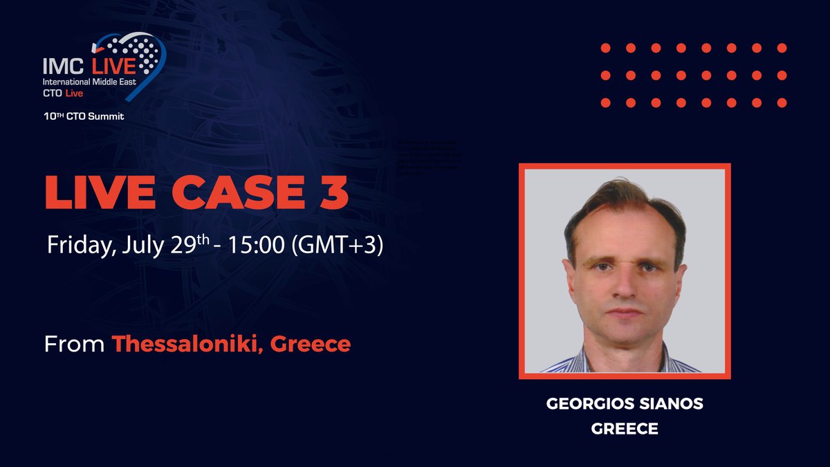 IMCLIVEcongress's tweet photo. Join us for the live case 3 on Friday, July 29th at 15.OO (GMT+3) performed by Georgios Sianos from Greece!
Still on time to save your registration for free ▶ https://t.co/5RjZDEDSdf
#IMCLIVE2022 #IMCLIVE #cardiology #CTO #PCI #cardiologists @theIMCjeddah @KhalidKtammam https://t.co/rUNvYQQK7W