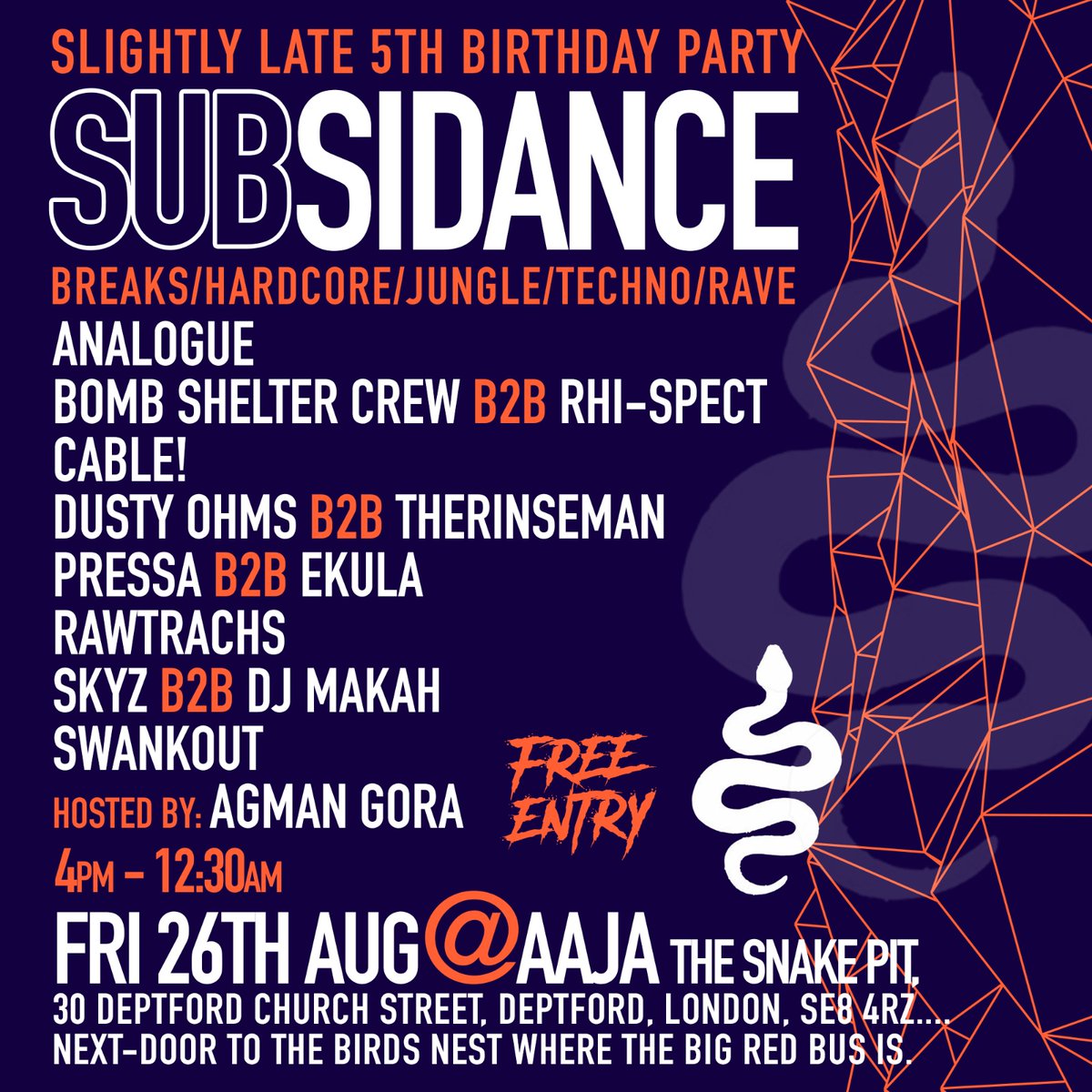 Subsidance's tweet image. After a long series of party&apos;s at the original @Aajamusic venue also known as &quot;The Arch&quot;, Subsidance are extremely happy to be back in the brand new, spacier, dare I say even vibier Aaja &quot;The Snake Pit&quot; for our &quot;Slightly Late 5th Birthday Party!&quot;

Come join us on Friday 26/7/22