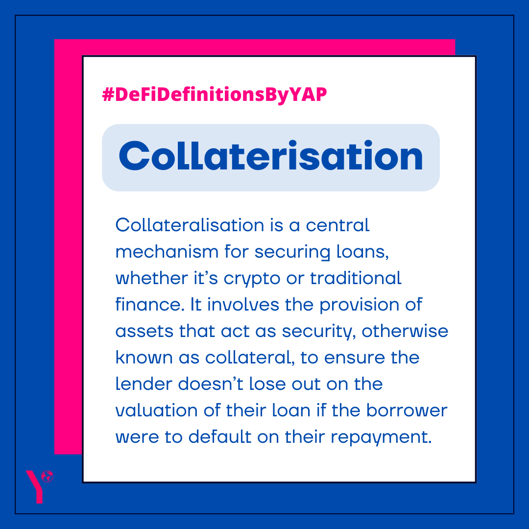 YAPGlobalTeam's tweet photo. GM! Today we're bringing you #DeFiDefinitionsByYAP ๐
What is Collateralisation?
This week's definition is written by @sam_odonohoe for the 27th edition of our weekly newsletter, The Context ๐
Read the full newsletter here: https://t.co/f9BoGYVv3N https://t.co/i3hkQ0fGc9