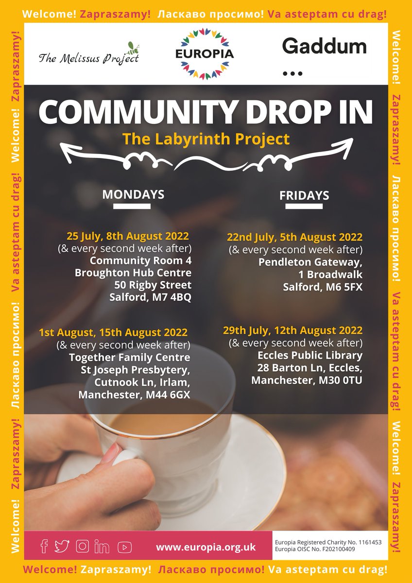 EuropiaMcr's tweet photo. We are proud to be continuing our Labyrinth project, in partnership with the Melissus Project and @GaddumCentre, with our next FREE drop in session 10 a.m-1p.m tomorrow at Pendleton Gateway, 1 Broadwalk Salford M6 5FX.
#Europia #European #dropinsessions #Salford https://t.co/gkMShJi54U